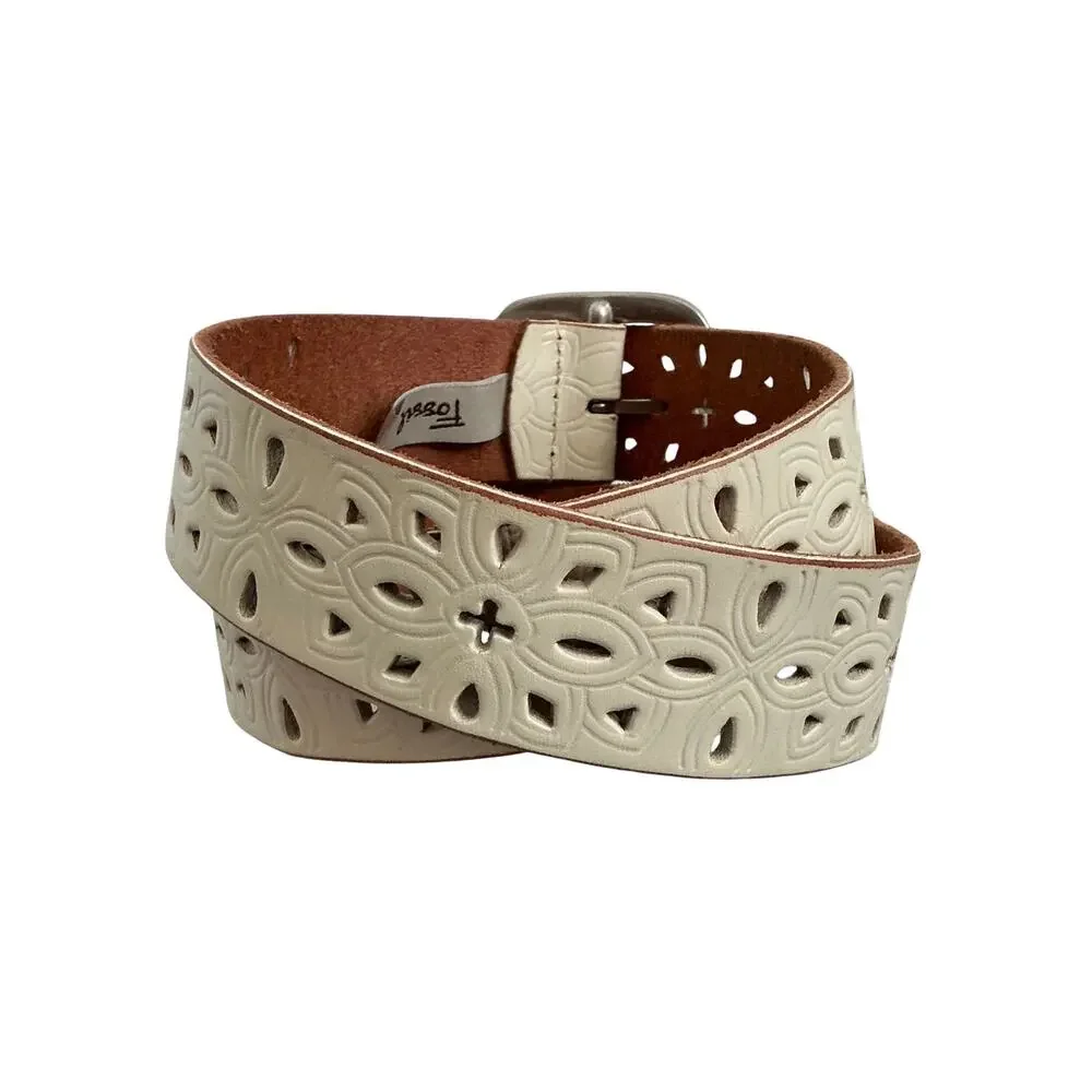 Fossil Western Floral Geometric Embossed Laser Cut Ivory Leather Belt Size S